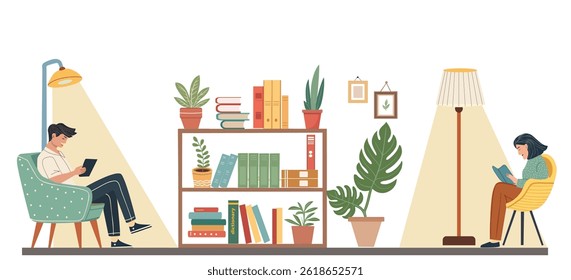 Character reading man and woman sitting in cozy armchair in the evening in living room with standard lamp. Flat design illustration, poster and banner. 