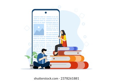 character is reading a textbook on a smartphone. Ebook page on phone screen. Students sitting on piles of books. Female character studying online. Concept of e-learning, education. Vector illustration