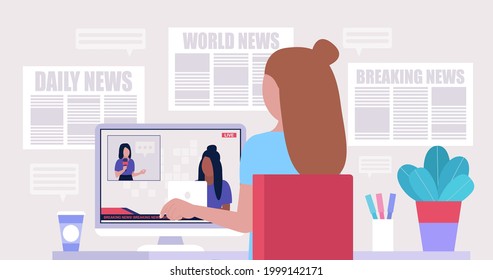 Character reading and watching the news on the computer. Vector illustration in a flat style.