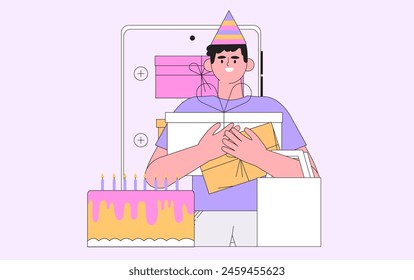 Character receive online reward, bonus or discount in mobile application on birthday. Man standing near smartphone with gift box and collect bonuses coupon for loyalty program on b-day in app. 