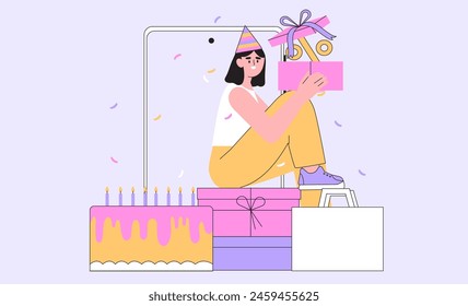 Character receive online reward, bonus or discount in mobile application on birthday. Woman standing near smartphone with gift box and collect bonuses coupon for loyalty program on b-day in app. 