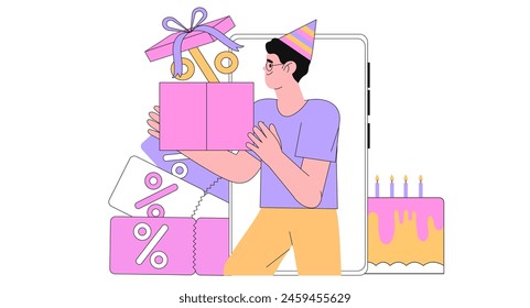 Charakter erhalten Online-Belohnung, Bonus oder Rabatt in der mobilen Anwendung am Geburtstag. Mann steht in der Nähe von Smartphone mit Geschenkbox und sammeln Boni Coupon für Treueprogramm am B-Tag in App. 