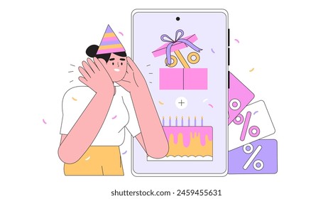 Character receive online reward, bonus or discount in mobile application on birthday. Woman standing near smartphone with gift box and collect bonuses coupon for loyalty program on b-day in app. 