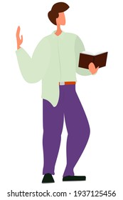 The character recites verses with expression. A man stands and reads a book, gestures with his hand. Vector isolated on white, style is flat.