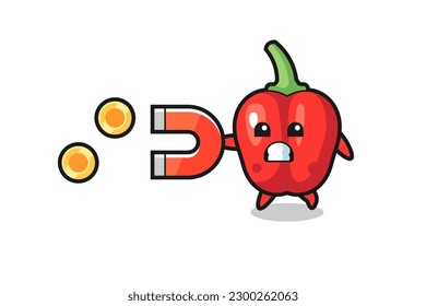 the character of red bell pepper hold a magnet to catch the gold coins , cute style design for t shirt, sticker, logo element