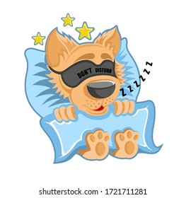 Caracter de perro rojo en la cama durmiendo y roncando con felpa en un dibujo animado en blanco
