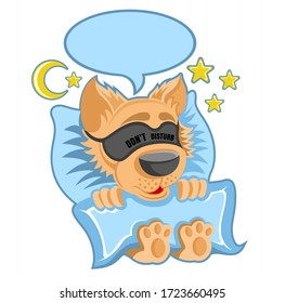 Character red dog in the bed sleeping with blindfellen and speech bubble in cartoon style on white