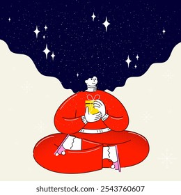 Character in red pajamas, with magical night sky head, holding gift. Calm winter night. Creative colorful illustration. Concept of winter season, Christmas and New Year holidays, warmth and coziness