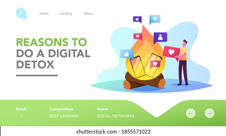Character Rejection of Devices, Internet and Social Networks Digital Detox Landing Page Template. Man Throw Gadgets in Fire Refuse from Phone and Online Addiction, Offline. Cartoon Vector Illustration