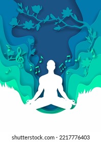 Character relax in zen vector. Male yogi exercise for peaceful of mind and balance, spiritual tranquil training. Meditation, brain calm and stress relieve poster