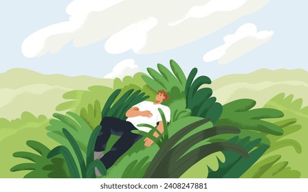 Personaje relajante en la naturaleza, soñando, durmiendo solo. Tranquilo y sereno paisaje de verano con el hombre posando, descansando. Relajación, paz, libertad, bienestar, concepto de psicología. Ilustración vectorial plana