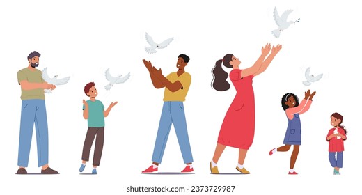 Character Release White Doves in A Symbol Of Peace And Unity, Their Graceful Flight Embodying Hope And Harmony, Fostering A World Of Tranquility And Understanding. Cartoon People Vector Illustration