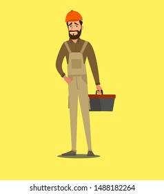 Character repairman or mechanic with a toolbox. Vector illustration in cartoon style.