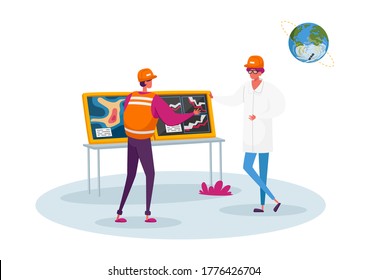 Parámetros meteorológicos de informe de caracteres en pantalla con pronóstico de meteorología de mapas de meteorología. Meteorólogo Presentando Monitor con Información Meteorológica, Satélite. Ilustración de vectores de personas de caricatura