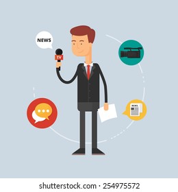 Character - reporter, journalism concept. Vector illustration, flat style