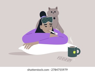 A character rests in bed, looking ill with a thermometer in their mouth, A cozy cup of tea steams beside them, while a cat sits nearby, providing companionship during this sick day.