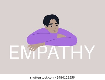 A character rests their chin on their hand, looking away wistfully, propped up by the word empathy in a lighthearted digital illustration