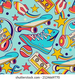 Character Retro Seamless Pattern With 90's Disco Dance Audio Cassette, Gumshoes, Skateboard, Retro Tape Cassette. Groovy Concept Of: Vintage Music, Old School,1980s Pop Songs.