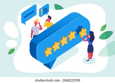 Character is rewarding the fifth star for customer service. Group clients of people chatting. Isometric vector illustration for feedback and rating.