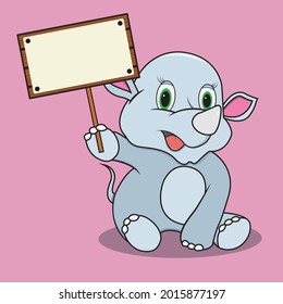 Character Rhinoceros With Blank Sign Wood, Pink Colors Background, Mascot, Icon, Character or Logo, Vector and Illustration