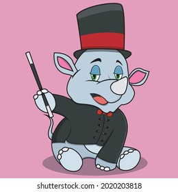 Character Rhinoceros With Magician Custom and Relax, Pink Colors Background, Mascot, Icon, Character or Logo, Vector and Illustration.