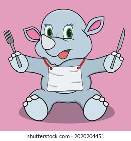 Character Rhinoceros Ready For Eat Food, Pink Colors Background, Mascot, Icon, Character or Logo, Vector and Illustration.