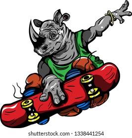 The character is a rhinoceros riding a skateboard doing a jump in the air. The Rhino does a great trick. Stylish Rhino.