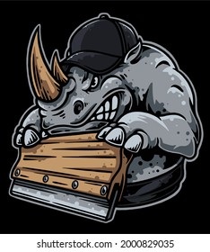 The character is a rhinoceros working silk screen printing