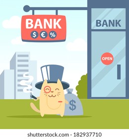 Character  rich gentleman in a hat cylinder and a monocle  colorful flat. Cat male stands near the entrance to a bank outside holding a cigar