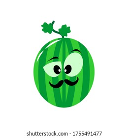The character of a ripe green cartoon watermelon fruit with bright green leaves on a sprig and a funny mustache for food design