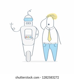 Character robot AI technology machine standing near amazed businessman. Bot, assistant machine, support service bot concept. Light cartoon outline modern icon on white