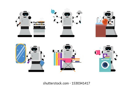 Carácter Del Ayudante Robot En La Ilustración Del Vector Doméstico Diario Aislado En Fondo Blanco
