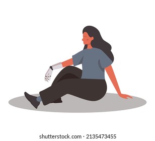 Carácter con una parte robot. Mejora del cuerpo humano con mecanismo robótico. Inteligencia humana aumentada. Concepto de tecnología futura. Ilustración vectorial en estilo de caricatura