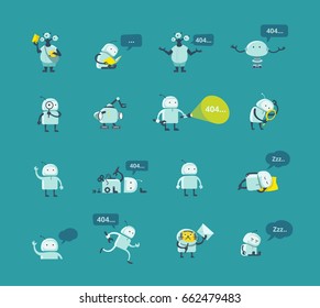 Character robot set Different situations. 404 error page not found funny repairs. Vector Icons.