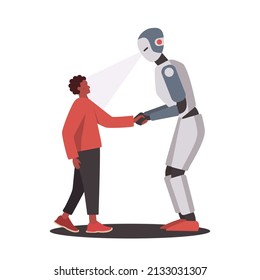 Character and robot shaking hands. AI help a man. Teamwork with robot. Cyborg people service. Futuristic business process idea. Vector illustration in cartoon style
