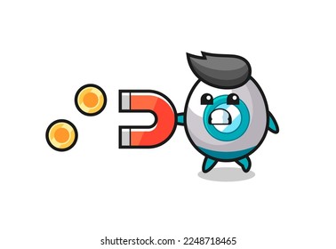 the character of rocket hold a magnet to catch the gold coins , cute style design for t shirt, sticker, logo element