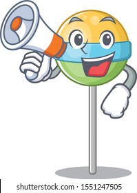 character round lollipop with holding megaphone cartoon shape