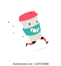 Character running glass. Vector. Logo for coffee shops and fast food. Funny illustration of a plastic cup. Cartoon badge, emblem for the company. Sticker and mascot for the store site.