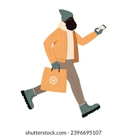 The character runs for Christmas presents. A bearded character with a phone for festive decoration. Flat vector illustration.
