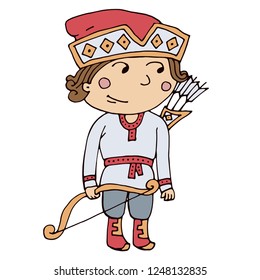 A character from a Russian folk tale. Archer, shooter, hand drawing, doodles. Folk costume. For illustrations to fairy tales or books. Vector illustration.