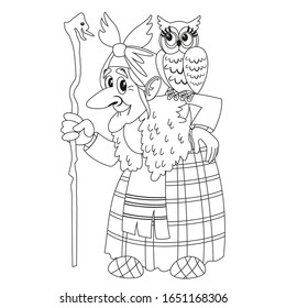 Character of Russian folk tale Baba Yaga. Funny old witch with a staff and an owl. Coloring book