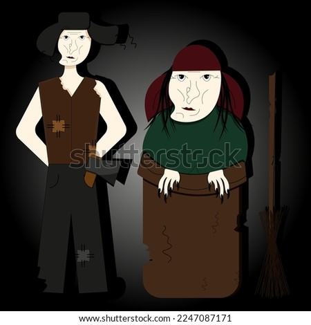 A character in a Russian folk tale. An old man in a hat with earflaps, a torn vest, torn trousers with patches and an axe in his pocket. Halloween concept. A card with Baba yaga.