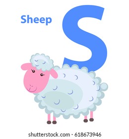 Character S cheerful sheep on ABC for children isolated on white. Curly lamb with pink face on alphabet kids icon. Vector illustration for kindergarten or nursery school cartoon style web banner.