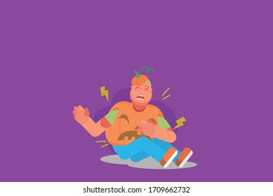 A character of a sad boy dressed in a pumpkin suit. Halloween theme. Simple character vector illustration, this illustration can use as a sticker also.