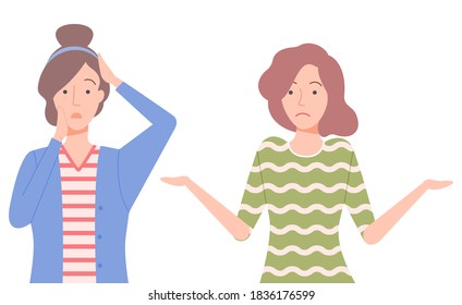 Carácter con expresiones de cara tristes y confusas vector, conjunto aislado de mujeres con suéter y chaqueta. Elegante estilo de estilo apartamento de una mujer desconcertada