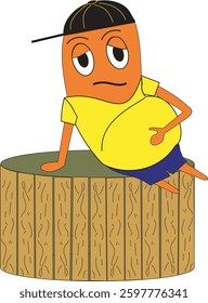 The character of a sad fat bean is holding his stomach