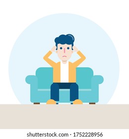 Character of sad man sitting at sofa in living room, feeling stressed, worried, or anxious about the coronavirus.