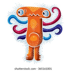 Character sad monster vector flat illustration, cute orange mutant. Drawing of weird beast, emotional expression. 