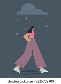Character is sad in the rain.
Concept of depression, mental health, bad mood. Vector illustration in a flat style