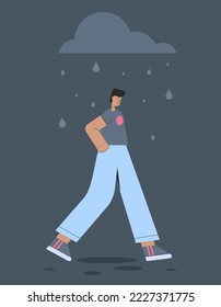 Character is sad in the rain.
Concept of depression, mental health, bad mood. Vector illustration in a flat style